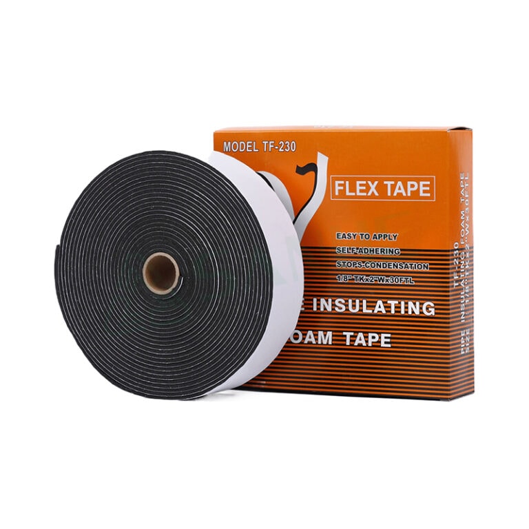 Black insulating foam tape on a roll with orange packaging labeled 'Model TF-230' and 'Flex Tape' for HVAC sealing and insulation.